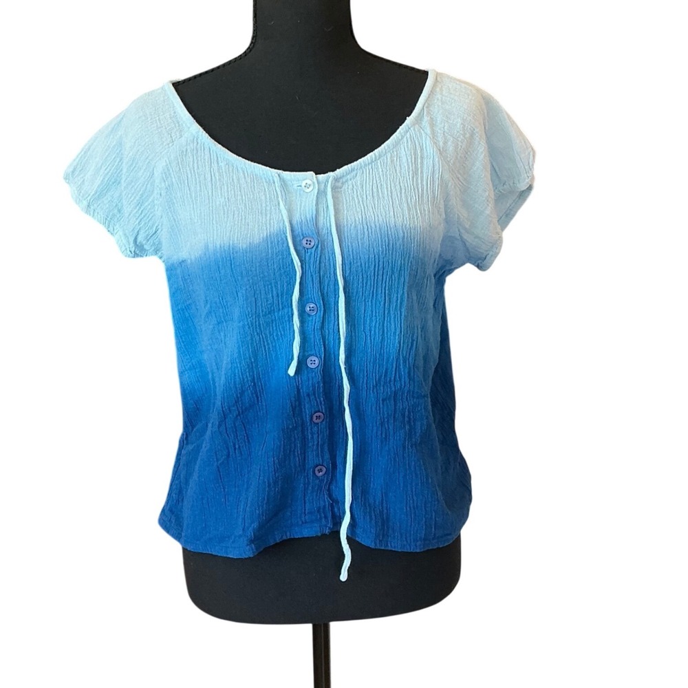 Vintage Cotton‎ Express Blue Ombre Cotton Gauze Button Front Tie Top Womens Larg